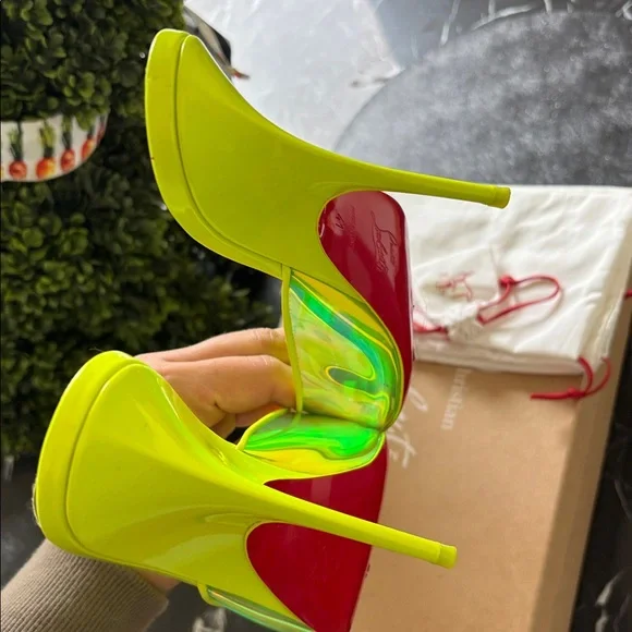Christian Louboutin Iridescent Neon Yellow Slide Heels - Picture 7 of 7